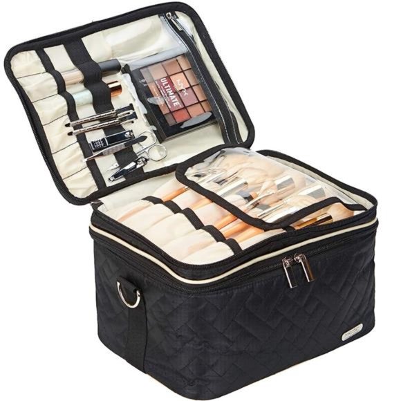 Double Layer Makeup Bag with Strap,Large CosmeticCase for Women,MakeUp Organizer - Picture 2 of 6